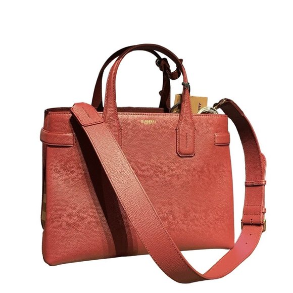 Burberry Medium Banner House Check Leather Tote Shoulder Bag Crimson - Picture 2 of 16